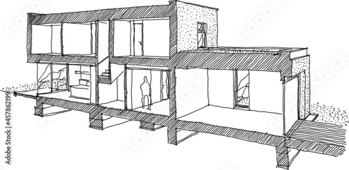 hand drawn architectural sketch of cross section through a modern detached house