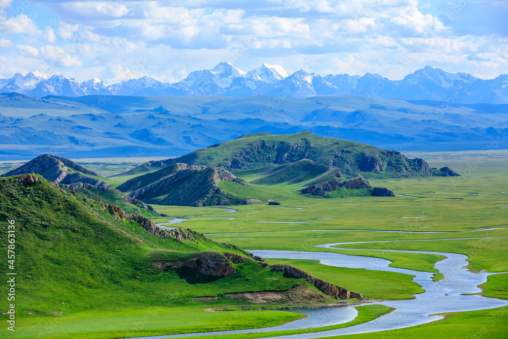 Bayinbuluke grassland natural scenery in Xinjiang,China.Beautiful grassland and mountain landscape.