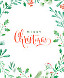Merry Christmas background. Vector watercolor lettering design with elegant winter wreath illustration