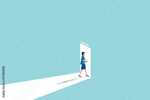 Business opportunity or career success vector concept with woman walking ENTER door. Symbol of courage, ambition, having a goal, inspiration.