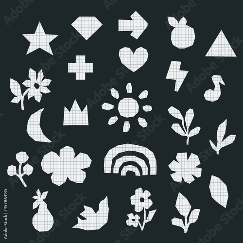 Vector collection of notebook cutout papers sheet cell texture. Scrap elements for collage design. Set of isolated cut out gridded copybook objects: star, cloud, heart, rainbow, sun, leaf, flower... 