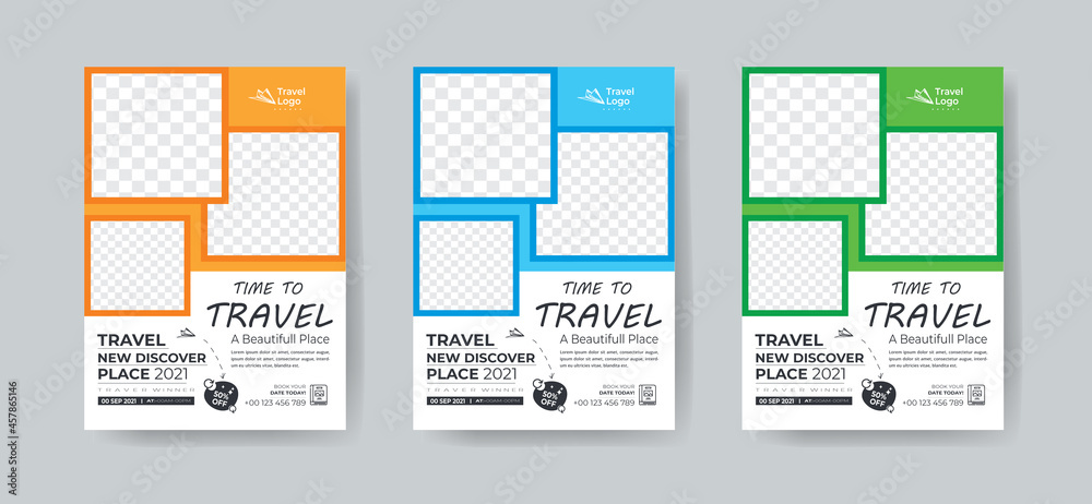 Travel flyer template design with contact and venue details. Summer travel agency promotion design template. Travel flyer template design with contact and venue details. Summer travel agency promotion design template.