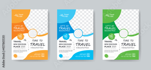 Travel flyer template design with contact and venue details. Summer travel agency promotion design template.