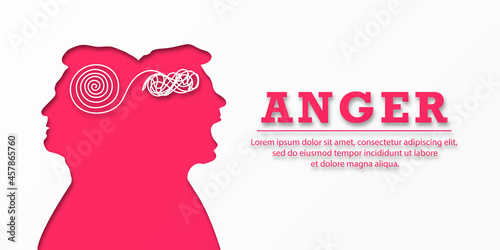 Anger. Silhouette two faces. Banner with a man suffering from bipolar disorder. The concept of mental destruction of the personality. Bipolar disorder. Split personality. Disorientation. Psychology.