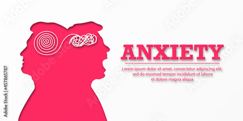 ANXIETY. Banner with a silhouette of two faces. Psychological personality disorder concept. Mental destruction. The man suffers from a psychological illness. Split personality. Psychology.