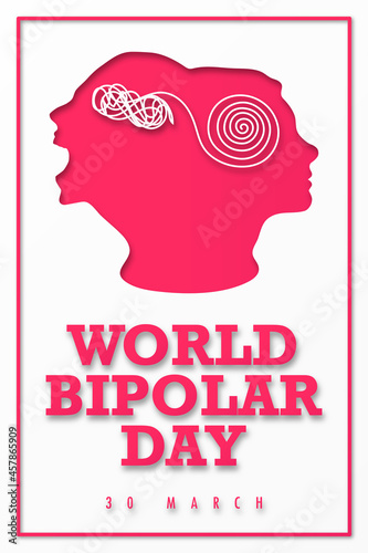 WORLD BIPOLAR DAY. Poster for medical institutions. Silhouette two faces. The concept of mental destruction of the personality. Woman suffering from bipolar disorder. Split personality. Psychology. 