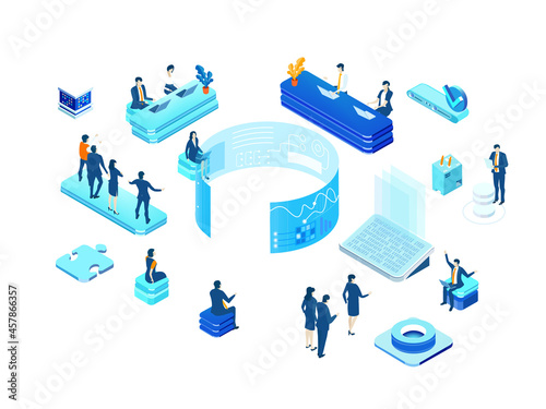 Isometric environment design with lots of business people working in office, analizing data, solving problems, finding solutions. People working in server room 