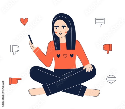 Cyber bullying concept. Teenage girl with smartphone. Vector flat illustration in trendy style