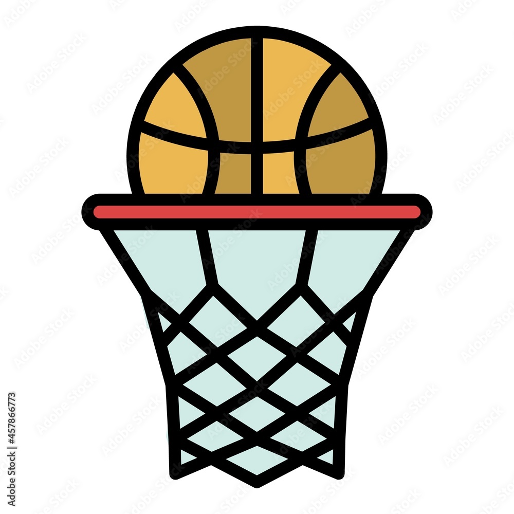 Ball down in basket icon. Outline ball down in basket vector icon color flat isolated