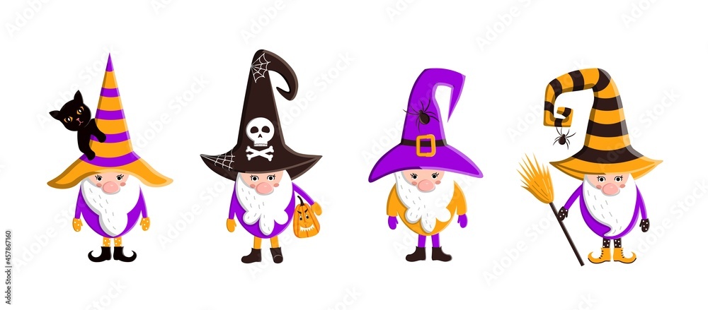 Set of scandinavian halloween gnomes in witch hats. Cute holiday print. Vector flat illustration