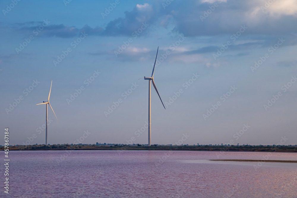 Wind station at sunset on Lake Sivash.