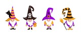 Set of scandinavian halloween gnomes in witch hats. Cute holiday print. Vector flat illustration