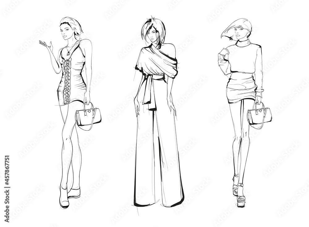 Fototapeta premium Young beautiful woman in stylish clothes. Sale concept. Hand-drawn fashion illustration