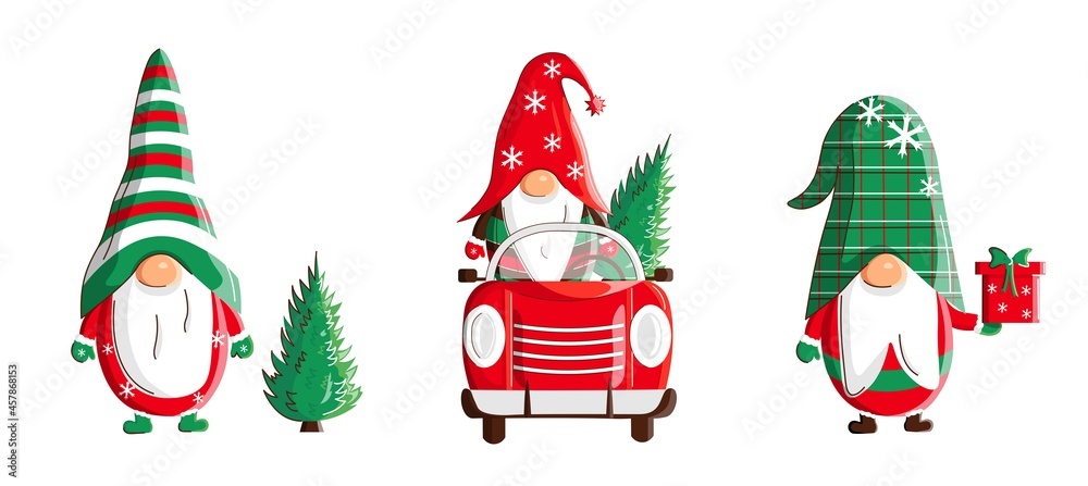 Set of christmas scandinavian gnome with a truck and new year tree. Holiday print or card. Vector illustration