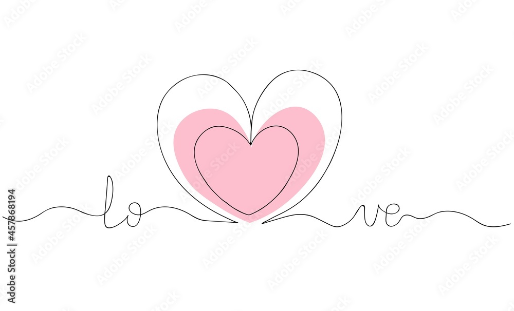 Two hearts  and lettering love drawn by continuous line. Wedding and Valentines Day card and invitation. Vector doodle illustration 