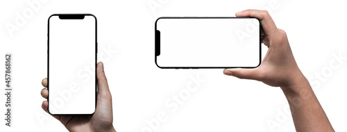 Smartphone similar to iphone 13 with blank white screen for Infographic Global Business Marketing Plan, mockup model similar to iPhone isolated Background of digital investment economy - Clipping Path