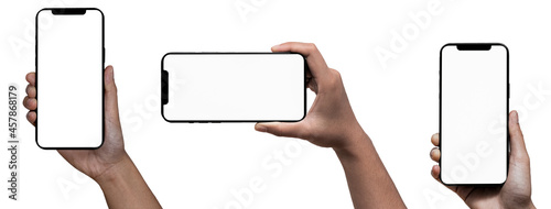 Smartphone similar to iphone 13 with blank white screen for Infographic Global Business Marketing Plan, mockup model similar to iPhone isolated Background of digital investment economy - Clipping Path photo
