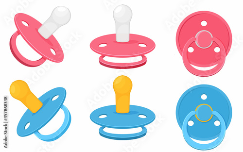 Set icons of pacifier baby dummy care nipple for newborn child , nipples dummies blue for boy and pink for girl in different view position isolated on white background. Vector illustration.