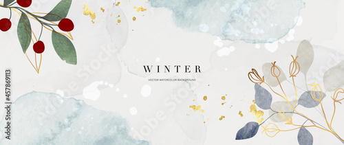 Winter background design  with watercolor brush texture, Flower and botanical leaves watercolor hand drawing. Abstract art wallpaper design for wall arts, wedding and VIP invite card.  Vector EPS10