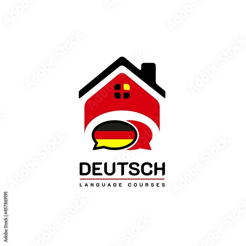 Learning Deutch German Language Class Logo. the language exchange program, forum, speech bubble, and international communication sign. With Germany Flag