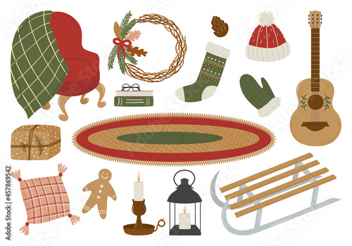 Set of christmas holiday elements: gingerbread man, gift, armchair, sled, wreath, guitar, cap, candle. Winter collection of cozy home objects. Hand drawn holiday items