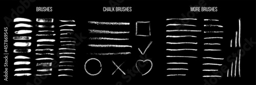 White ink brush strokes vector set. Freehand dry brush lines, marker stripes. Grunge style geometric elements, circle, square, crosse and heart. Decorative chalk brushes isolated on black background.