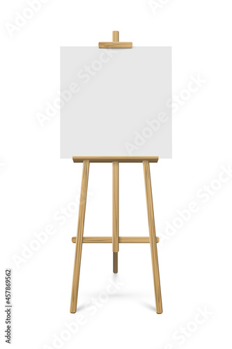 Easel with white square paper sheet. Vector realistic design element isolated on white background.