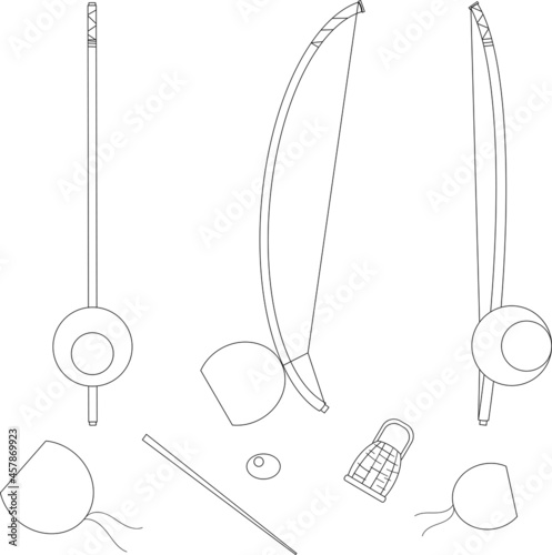 Capoeira instrument berimbau set. Afro brasil capoeira music. Vector illustration black outline icons.