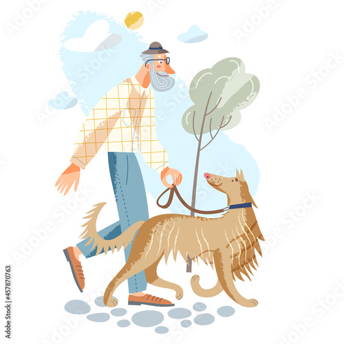 Elderly man walking dog pet outdoor, old person holding leash to walk dog in summer park