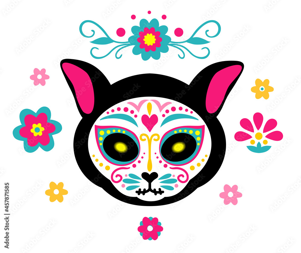 Mexican dead Cat. Cat skull sugar head colorful holiday vector ...