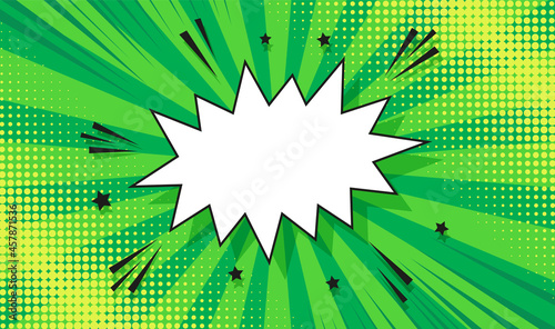 Pop art background. Comic pattern with speech bubble and starburst. Green cartoon sunburst texture with dots. Halftone retro duotone banner. Vintage sunshine print. Vector illustration.