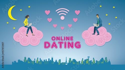 Online dating. Woman and man sitting on pink cloud on sky communicating with each other. Vector illustration. Dimension 16:9. EPS10.