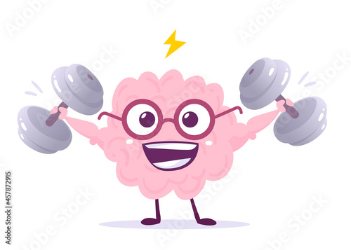 Vector Creative Illustration of Strong Pink Human Brain Character in Glasses on White Background. Flat Style Knowledge Concept Design of Emotional Brain Lifting Weight