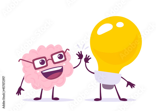 Vector Creative Illustration of Happy Pink Human Brain Character in Glasses and Yellow Light Bulb on White Background. Flat Style Knowledge Concept Design of Happy Brain and Save Energy Idea