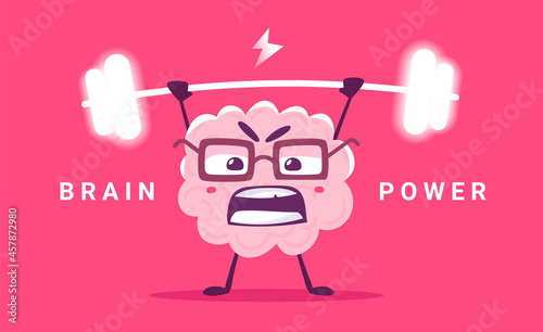 Vector Creative Illustration of Strong Pink Human Brain Character Energy Lifting Weight on Color Background. Flat Style Knowledge Concept Design of Emotional Brain in Glasses