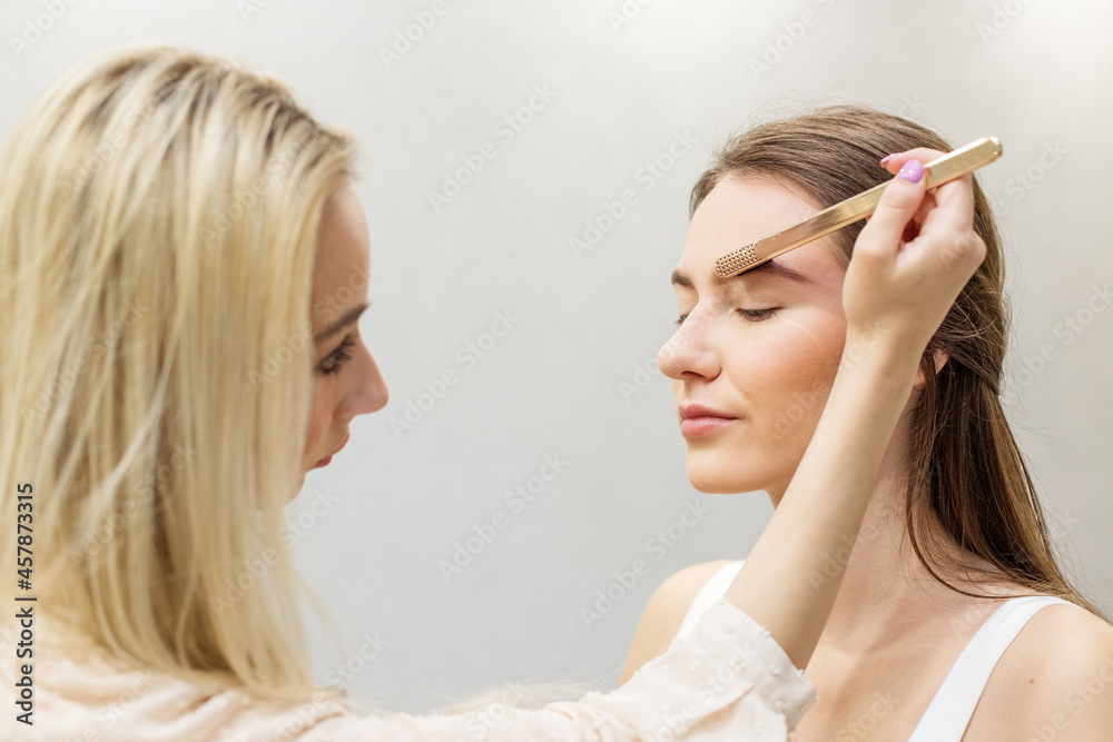 Makeup artist makes makeup to a girl. Eyebrow comb. Close-up. Makeup artist makes makeup to a girl. Eyebrow comb. Close-up.