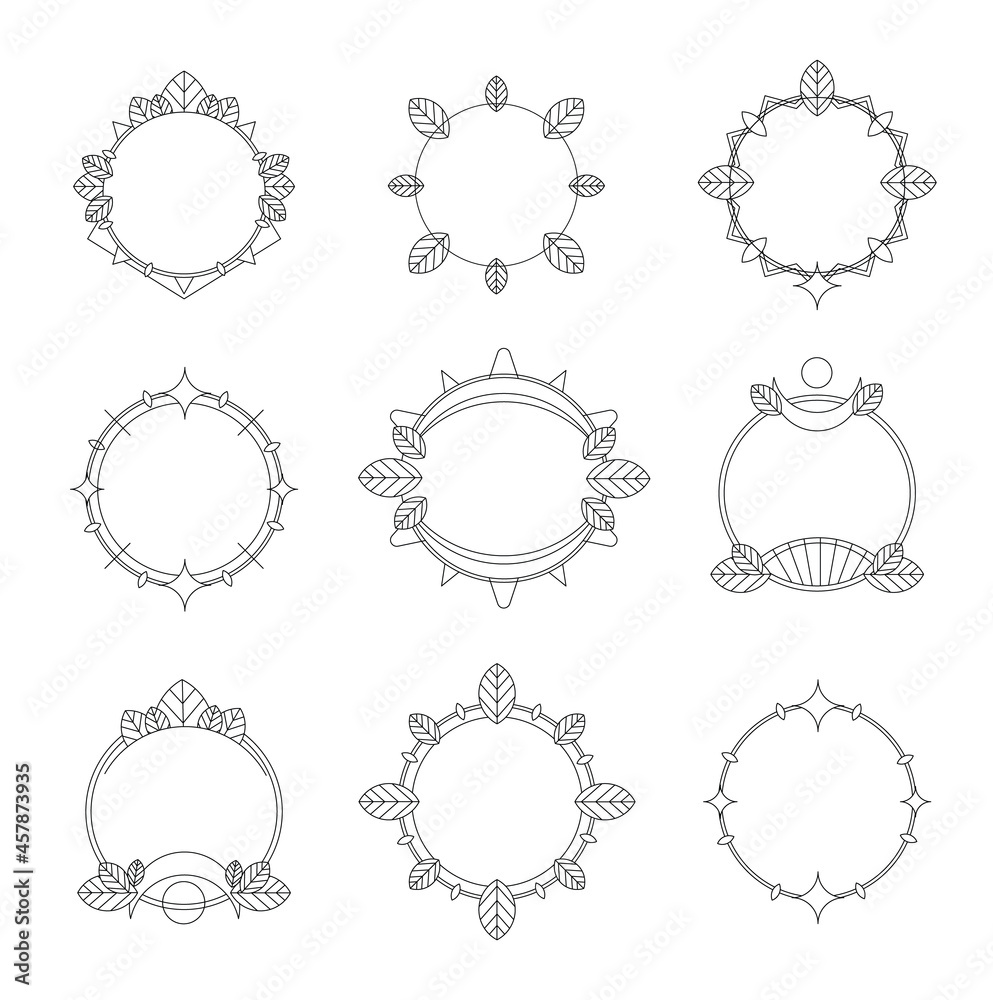 Set of 9 round frames. Geometric tamplate, border, wreath with floral elements. Decorative illustrations with editable lines. Set of 9 round frames. Geometric tamplate, border, wreath with floral elements. Decorative illustrations with editable lines.