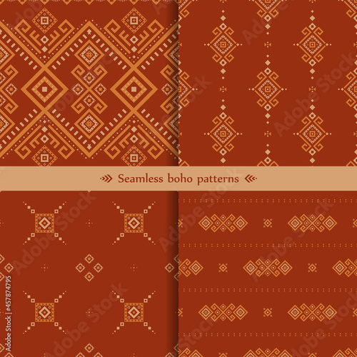 Vector seamless boho patterns set. Collection of red and orange geometric backgrounds in ethnic style for fabric, wrapping paper, packaging, wallpaper and scrapbooking