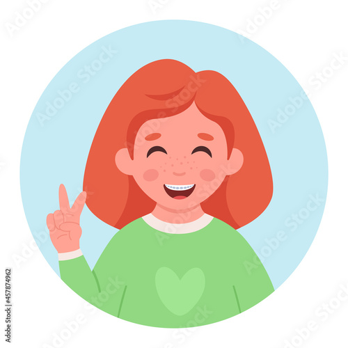 Girl with braces on teeth. Dental care. Vector illustration