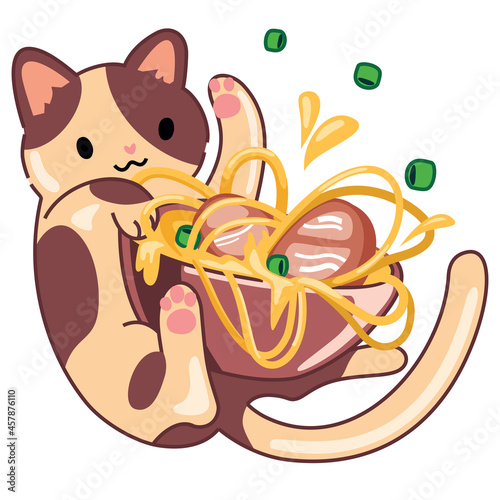 Cute vector cat with ramen noodles