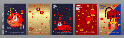 2022. Year of the tiger. Happy Chinese new year. Set of vector illustrations. Holiday background for a poster, banner, postcard, cover.