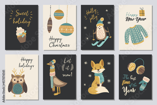 Set of modern hand drawn christmas gretting cards animals and other isolated elements. Vector illustration.
