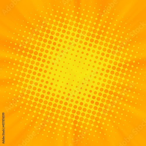 Vintage pop art background with halftone dots and starburst rays. Sunny yellow orange rays sunburst with dots background texture design template.