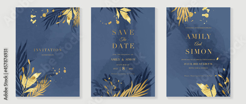 Blue and navy indigo floral and gold watercolor wedding invitation vector set. Luxury background and template layout design for invite card, luxury invitation card and cover template.