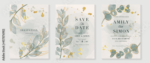 Green luxury wedding invitation card background  with golden line art flower and botanical leaves, Organic shapes, Watercolor. Abstract art background vector design for wedding and vip cover template.