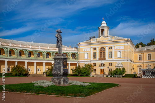 View of the Summer Palace of Emperor Paul I in Pavlovsk on a sunny autumn morning, St. Petersburg Russia. The inscription on the monument: "To Emperor Paul I. The founder of Pavlovsk. 1872"