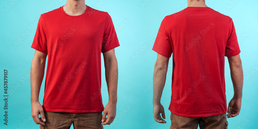 Front and back view of a red t-shirt mockup for design print on blue