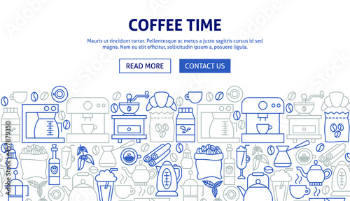 Coffee Time Banner Design. Vector Illustration of Outline Template.