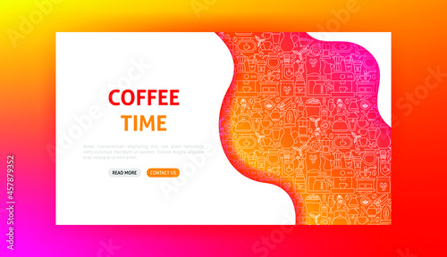 Coffee Time Landing Page. Vector Illustration of Outline Design.