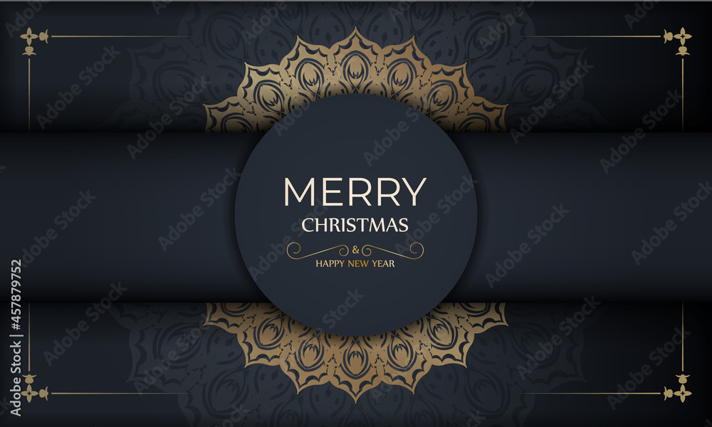 Greeting Brochure Template Merry Christmas and Happy New Year in dark blue with vintage gold pattern